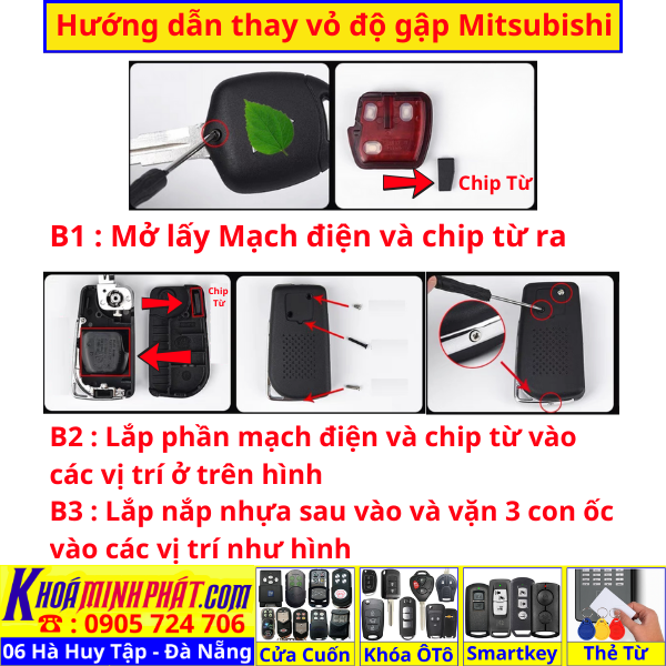 Vỏ Độ gập Chìa Khoá Xe Mitsubishi Grandis, Zinger, Lander, Triton, Pajero, Pajero Sport, Xpander, Xpander Cross, XFORCE, Destinator, Outlander, Attrage, Mirage V51 - Làm Chìa Khoá xe Ô Tô Đà Nẵng Sửa remote thay pin thay vỏ điều khiển xe hơi - Minh Phát Smartkey
